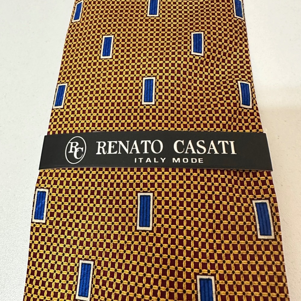 Renato Casati Italy Mode Silk Tie Gold Blue Geometric Pattern NWT - Picture 3 of 6